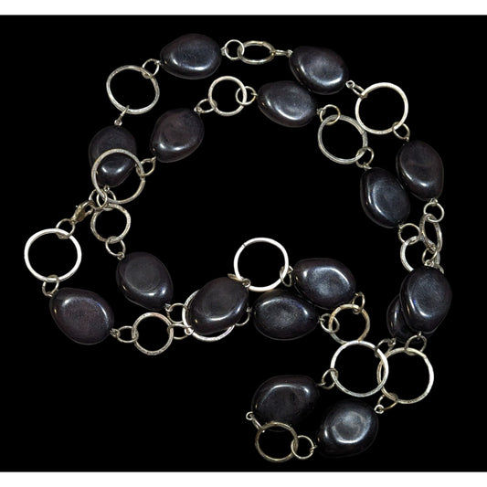 Black Beaded Silver Tone Ring Chain Opera Necklace