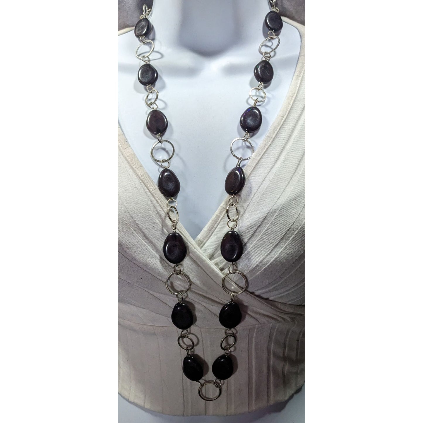 Black Beaded Silver Tone Ring Chain Opera Necklace