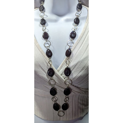Black Beaded Silver Tone Ring Chain Opera Necklace