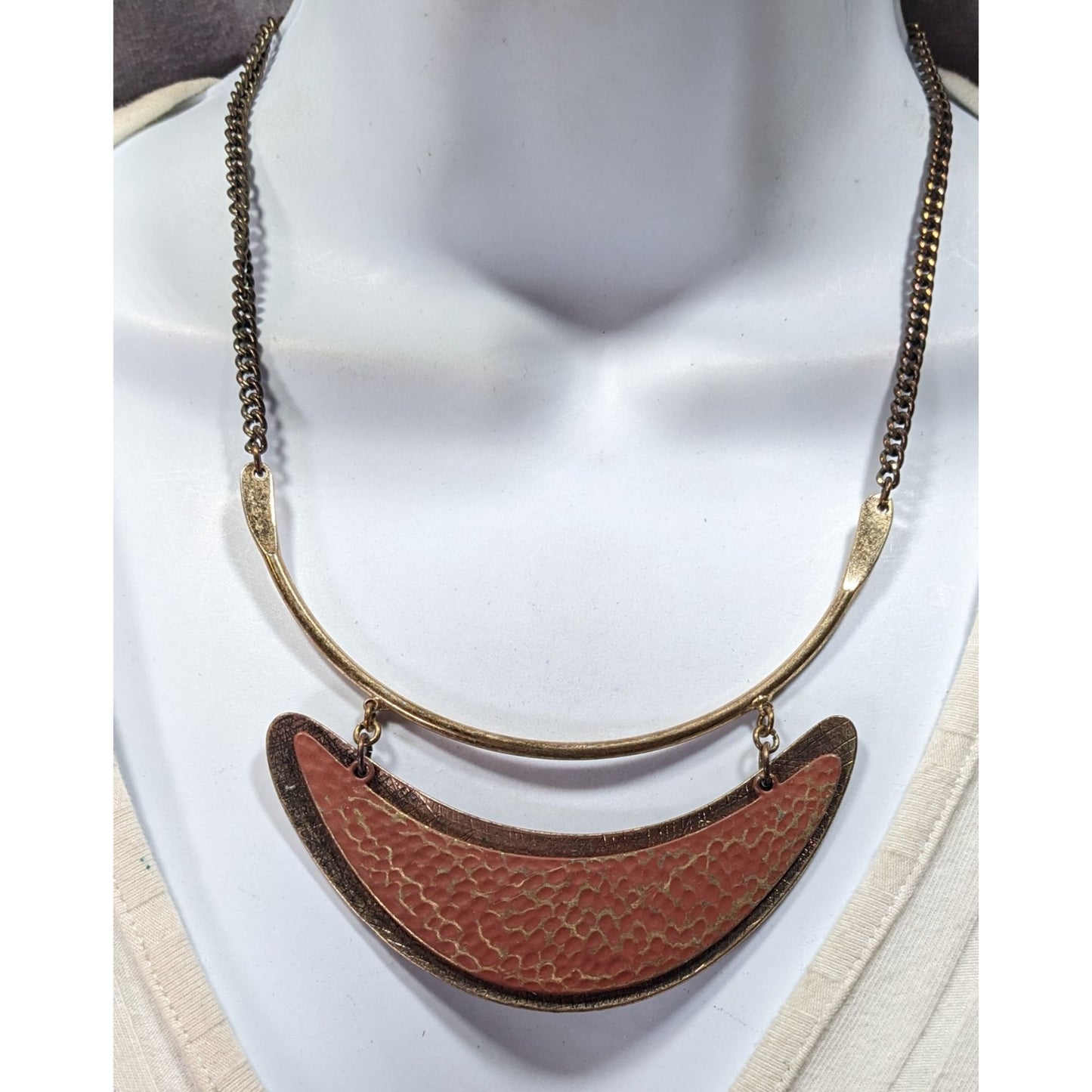 Brutalist Distressed Gold Tone And Brown Statement Necklace