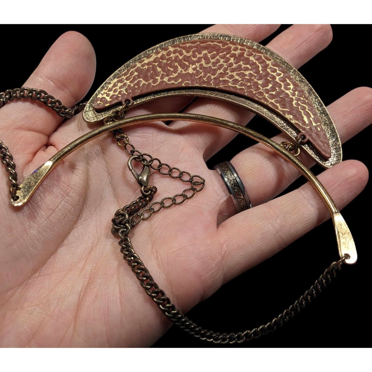 Brutalist Distressed Gold Tone And Brown Statement Necklace