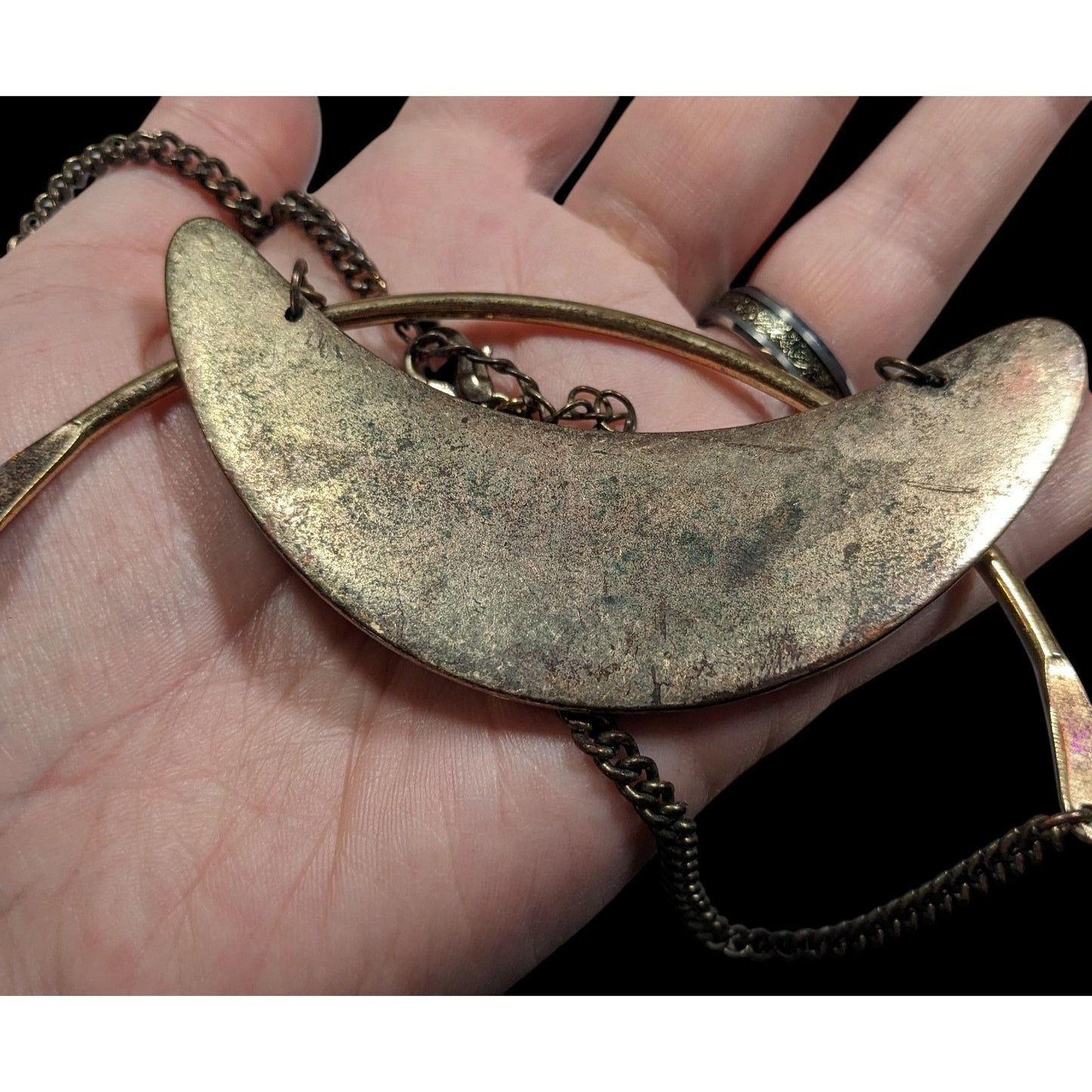 Brutalist Distressed Gold Tone And Brown Statement Necklace