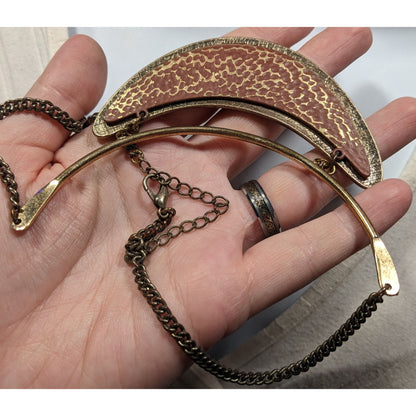 Brutalist Distressed Gold Tone And Brown Statement Necklace