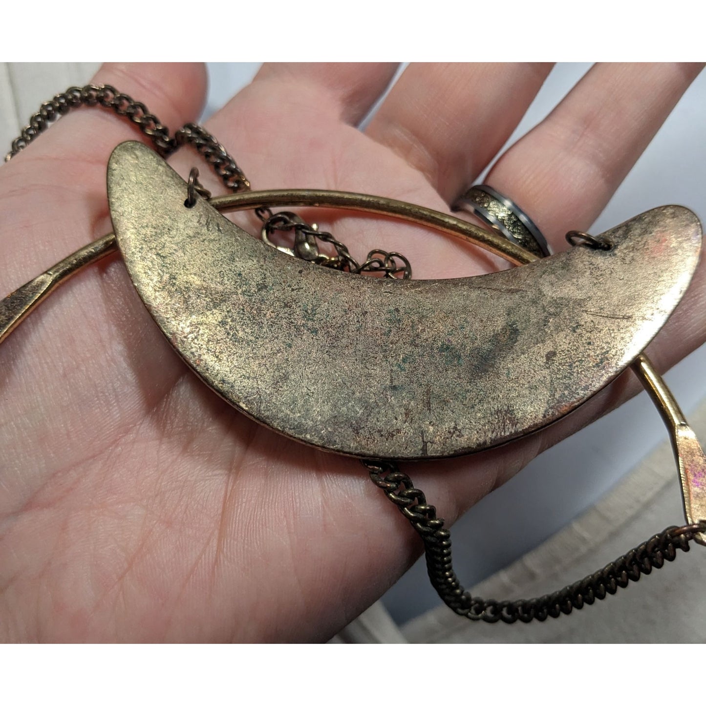 Brutalist Distressed Gold Tone And Brown Statement Necklace