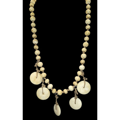 90s Boho Tribal Vintage Beaded Disc Dangle Statement Necklace Cream Tan