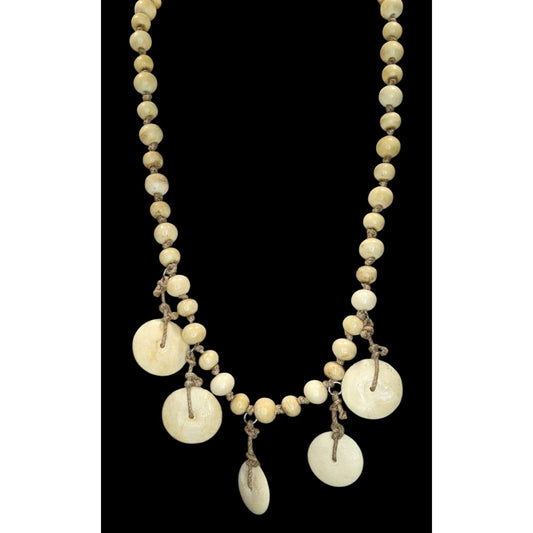 90s Boho Tribal Vintage Beaded Disc Dangle Statement Necklace Cream Tan