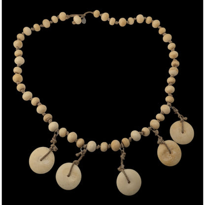 90s Boho Tribal Vintage Beaded Disc Dangle Statement Necklace Cream Tan