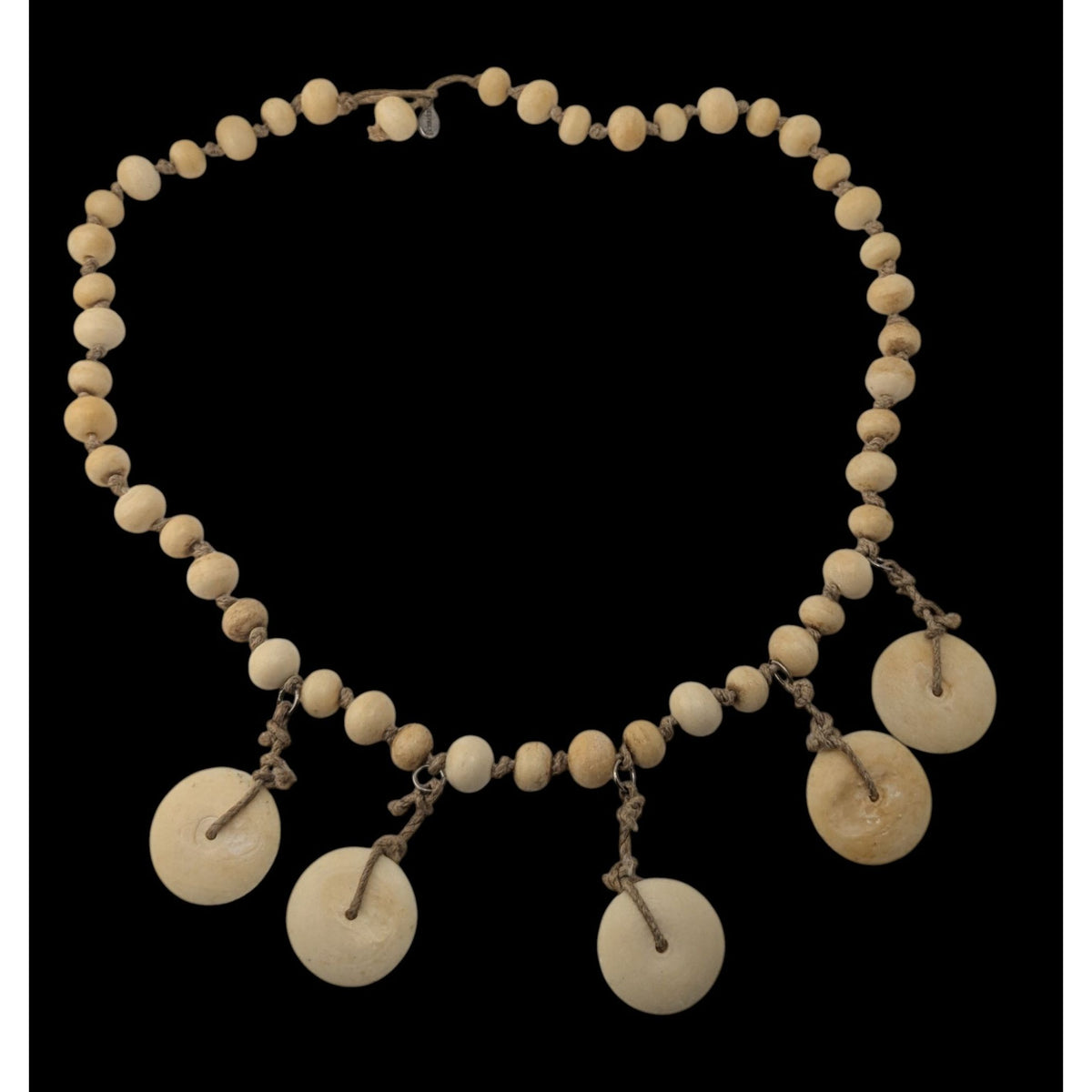 90s Boho Tribal Vintage Beaded Disc Dangle Statement Necklace Cream Tan