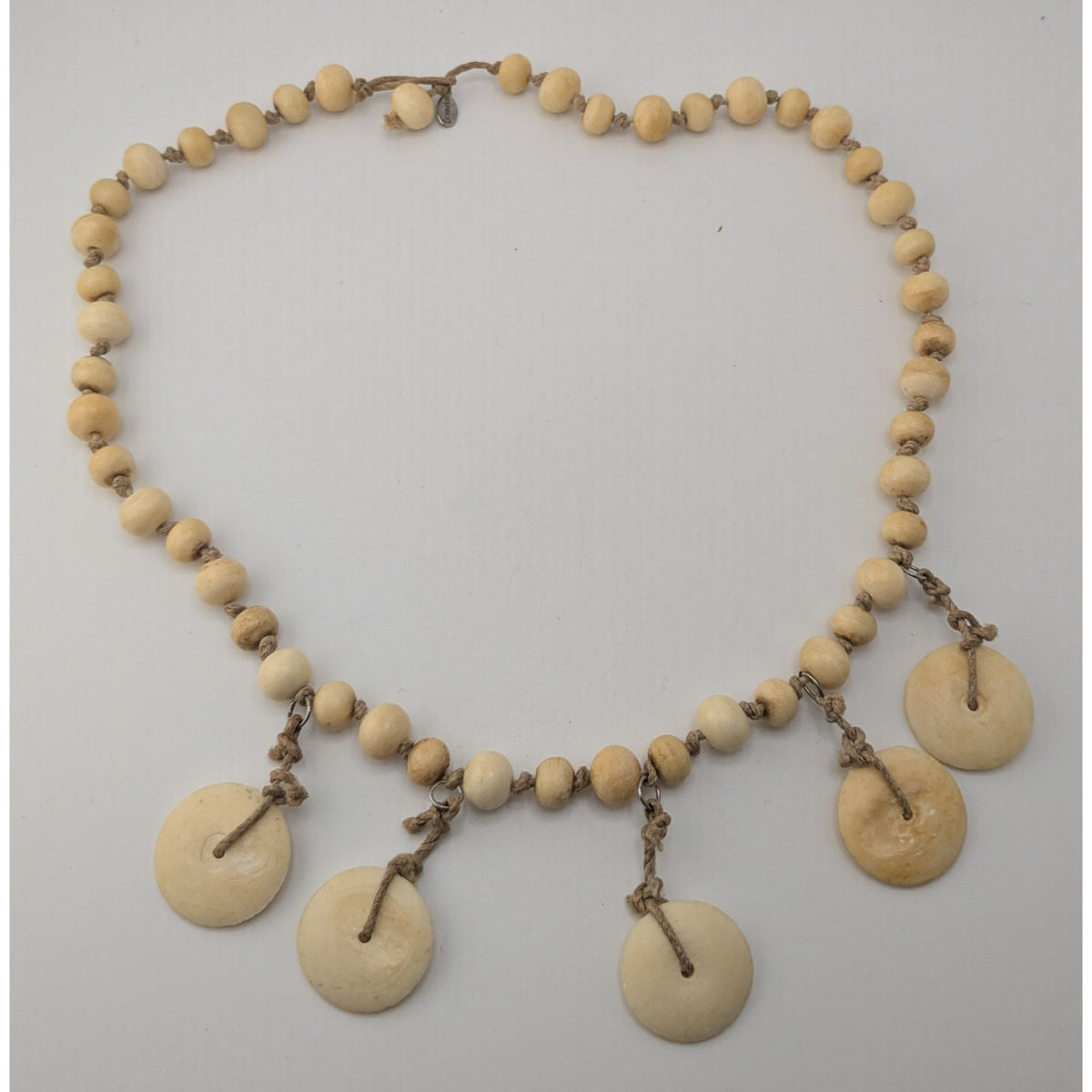90s Boho Tribal Vintage Beaded Disc Dangle Statement Necklace Cream Tan