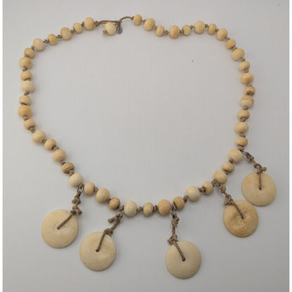 90s Boho Tribal Vintage Beaded Disc Dangle Statement Necklace Cream Tan