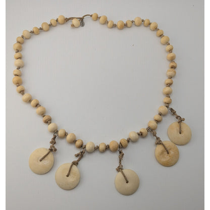 90s Boho Tribal Vintage Beaded Disc Dangle Statement Necklace Cream Tan