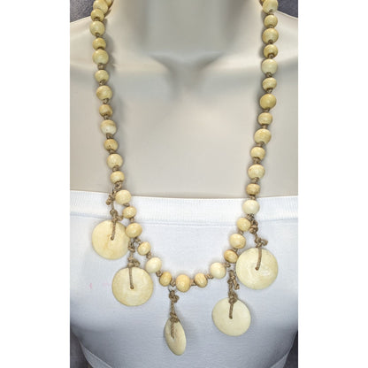 90s Boho Tribal Vintage Beaded Disc Dangle Statement Necklace Cream Tan