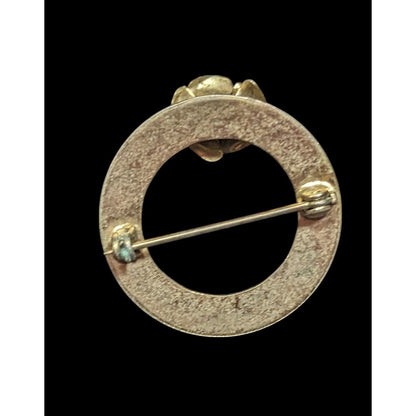 Vintage Floral Textured Open Circle Gold Tone Brooch With Faux Pearl