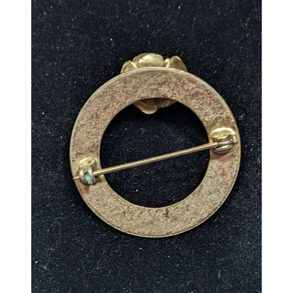 Vintage Floral Textured Open Circle Gold Tone Brooch With Faux Pearl