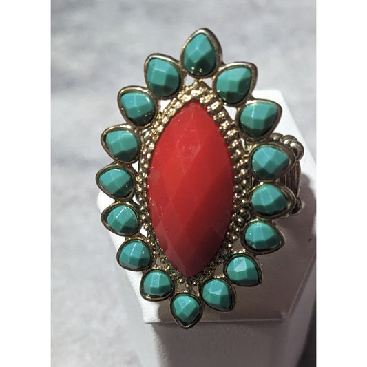 Bohemian Blue And Red Gemmed Floral Stretch Ring Size 7