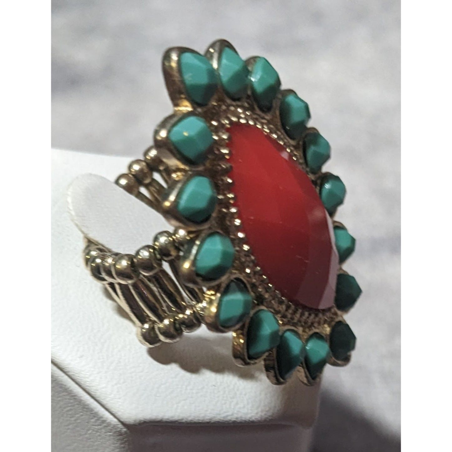 Bohemian Blue And Red Gemmed Floral Stretch Ring Size 7