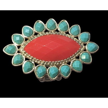 Bohemian Blue And Red Gemmed Floral Stretch Ring Size 7