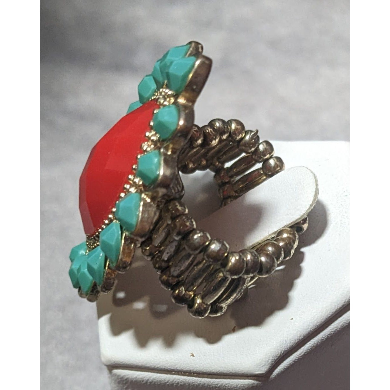 Bohemian Blue And Red Gemmed Floral Stretch Ring Size 7