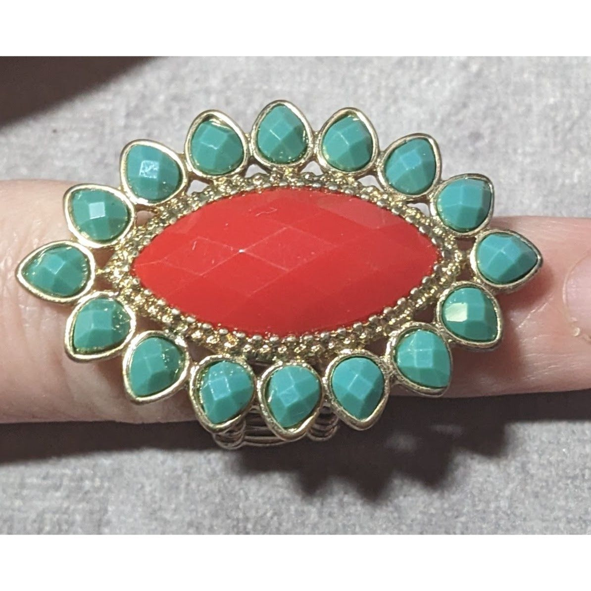 Bohemian Blue And Red Gemmed Floral Stretch Ring Size 7