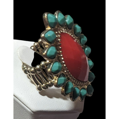 Bohemian Blue And Red Gemmed Floral Stretch Ring Size 7