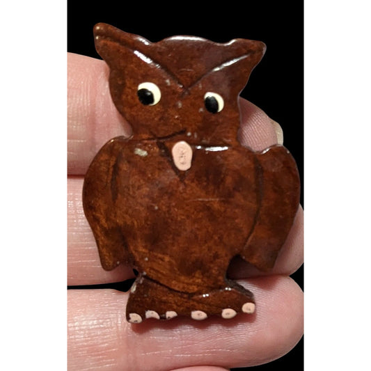 Vintage Hand Carved Wooden Brown Owl Brooch