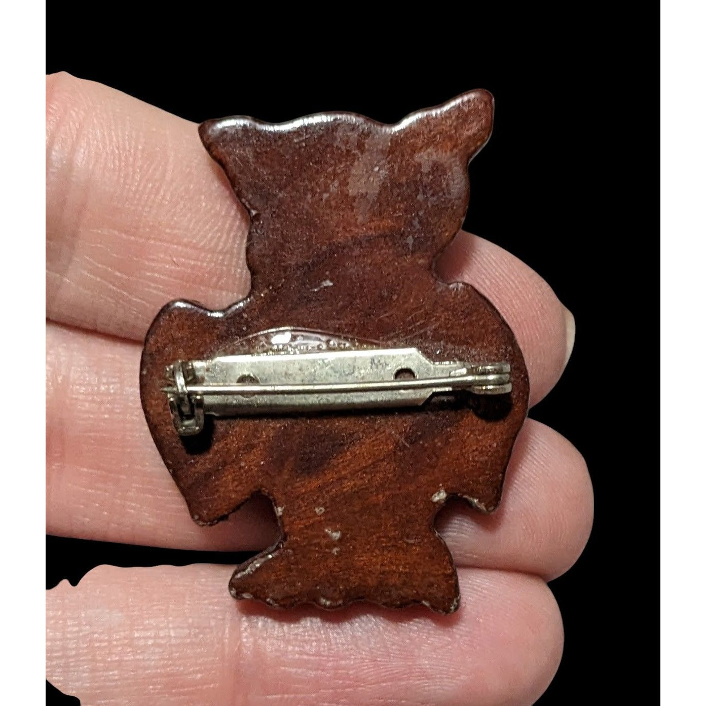 Vintage Hand Carved Wooden Brown Owl Brooch