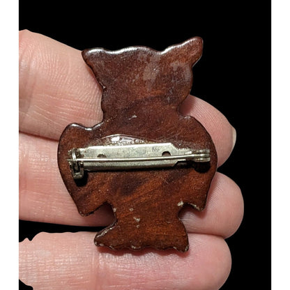 Vintage Hand Carved Wooden Brown Owl Brooch