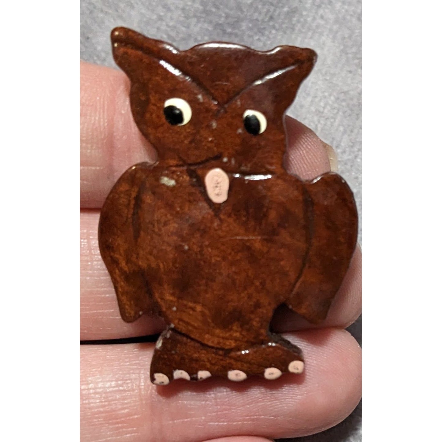 Vintage Hand Carved Wooden Brown Owl Brooch