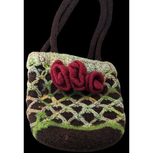 Handmade Cottagecore Wool Felted Purse With Floral Accents Green & Brown Design Red Roses