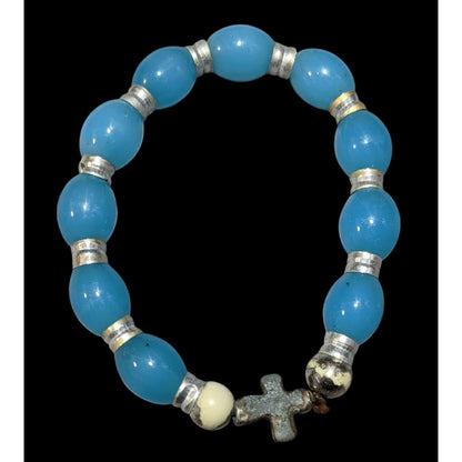 Blue Glass And Silver Tone Cross Beaded Stretch Charm Bracelet