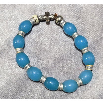 Blue Glass And Silver Tone Cross Beaded Stretch Charm Bracelet