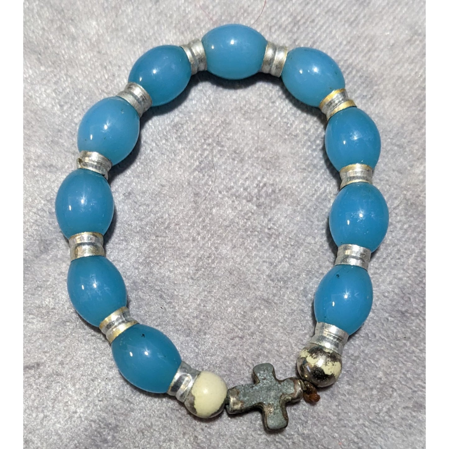 Blue Glass And Silver Tone Cross Beaded Stretch Charm Bracelet