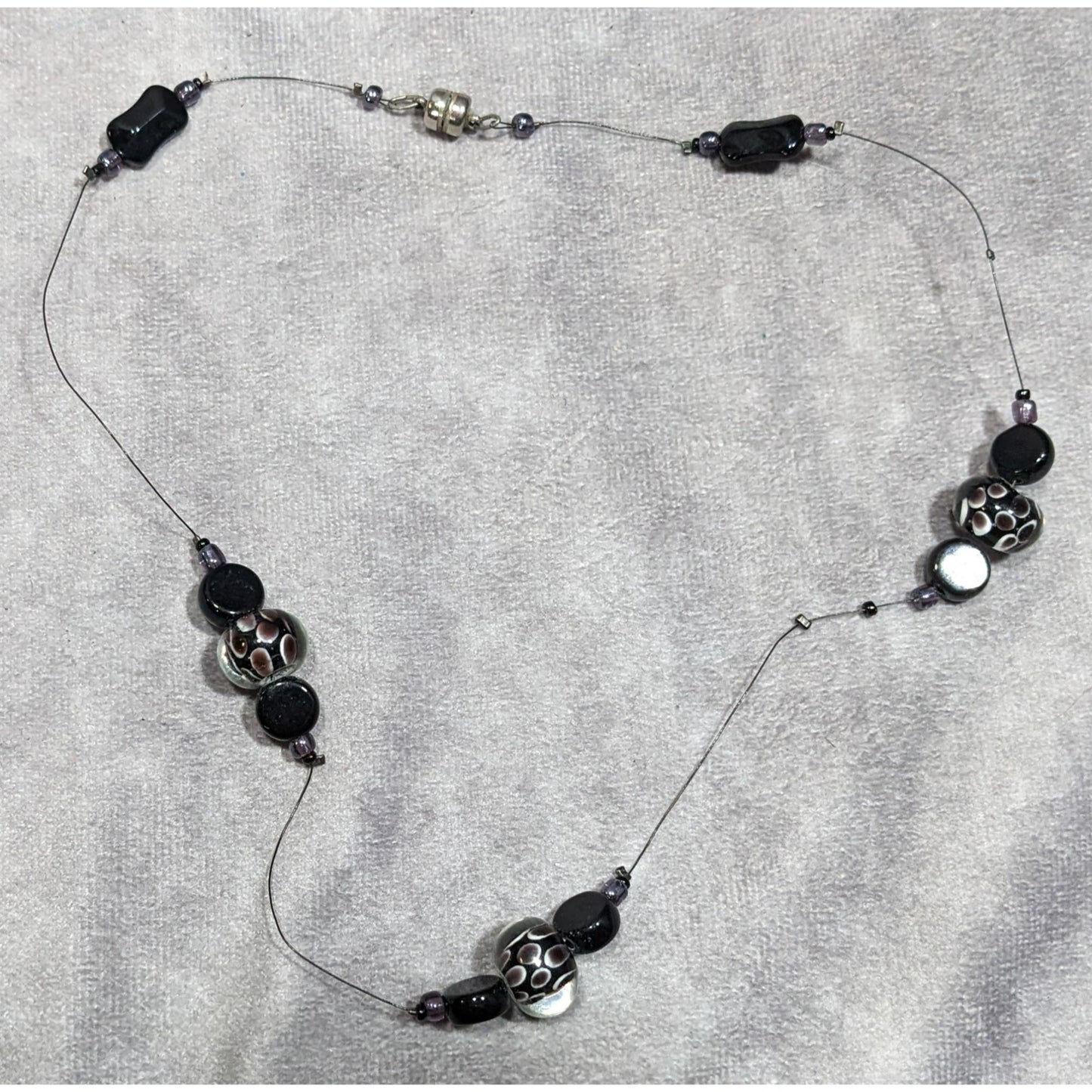 Elegant Lamp Work Glass Beaded Black And Silver Tone Station Necklace