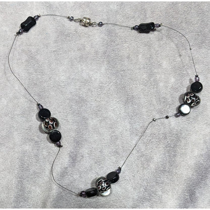 Elegant Lamp Work Glass Beaded Black And Silver Tone Station Necklace