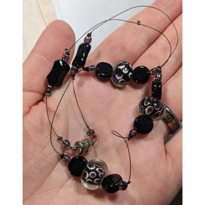 Elegant Lamp Work Glass Beaded Black And Silver Tone Station Necklace