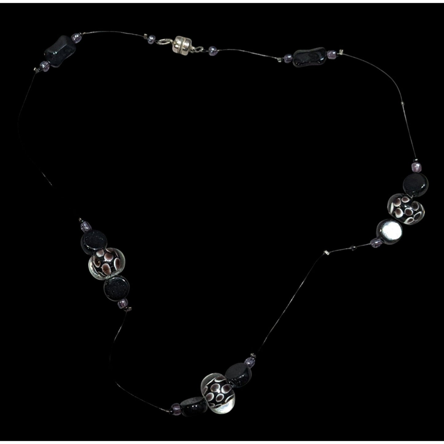 Elegant Lamp Work Glass Beaded Black And Silver Tone Station Necklace