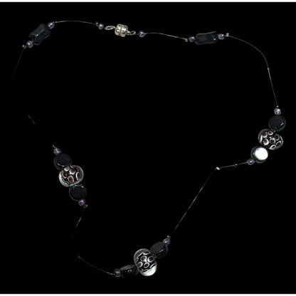 Elegant Lamp Work Glass Beaded Black And Silver Tone Station Necklace