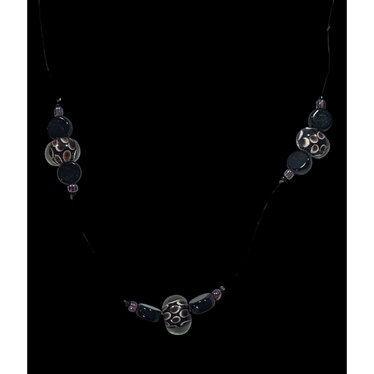 Elegant Lamp Work Glass Beaded Black And Silver Tone Station Necklace