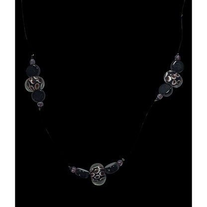 Elegant Lamp Work Glass Beaded Black And Silver Tone Station Necklace