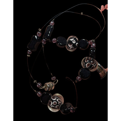 Elegant Lamp Work Glass Beaded Black And Silver Tone Station Necklace