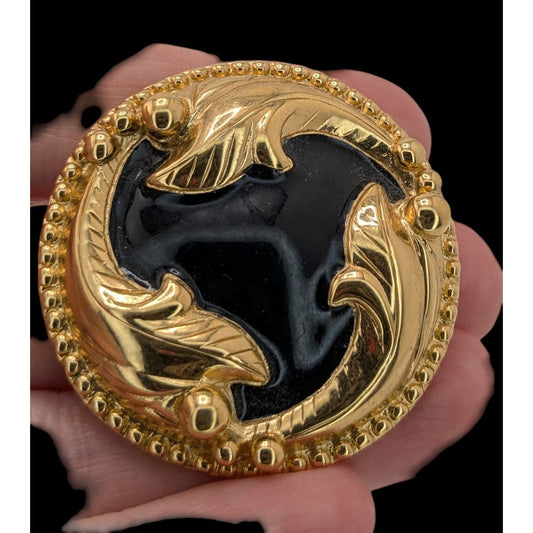 Vintage 1980s Gold & Black Enamel Round Brooch Pin With Leaf Design