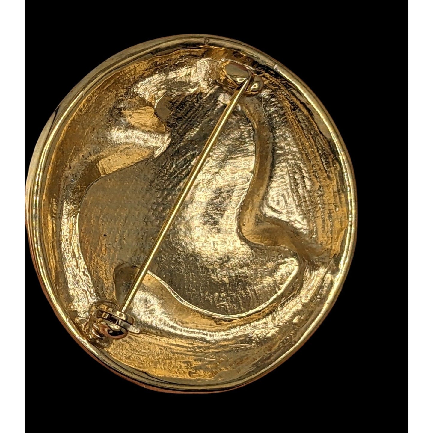 Vintage 1980s Gold & Black Enamel Round Brooch Pin With Leaf Design