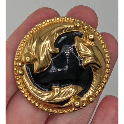 Vintage 1980s Gold & Black Enamel Round Brooch Pin With Leaf Design