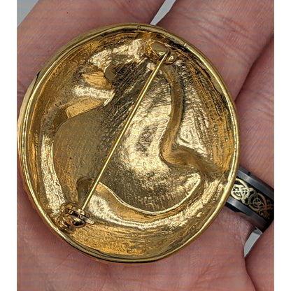 Vintage 1980s Gold & Black Enamel Round Brooch Pin With Leaf Design