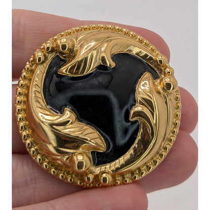 Vintage 1980s Gold & Black Enamel Round Brooch Pin With Leaf Design