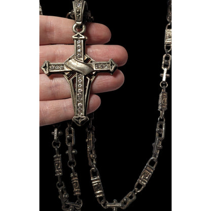 Vintage Art Deco Large Industrial Goth Gemmed Cross Necklace