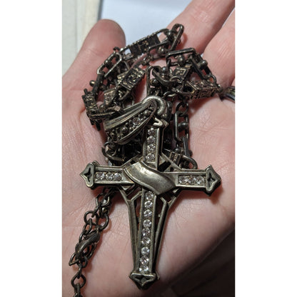 Vintage Art Deco Large Industrial Goth Gemmed Cross Necklace