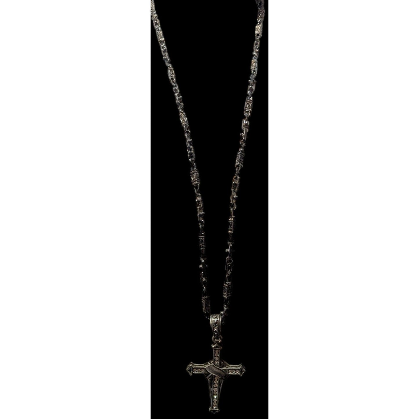 Vintage Art Deco Large Industrial Goth Gemmed Cross Necklace