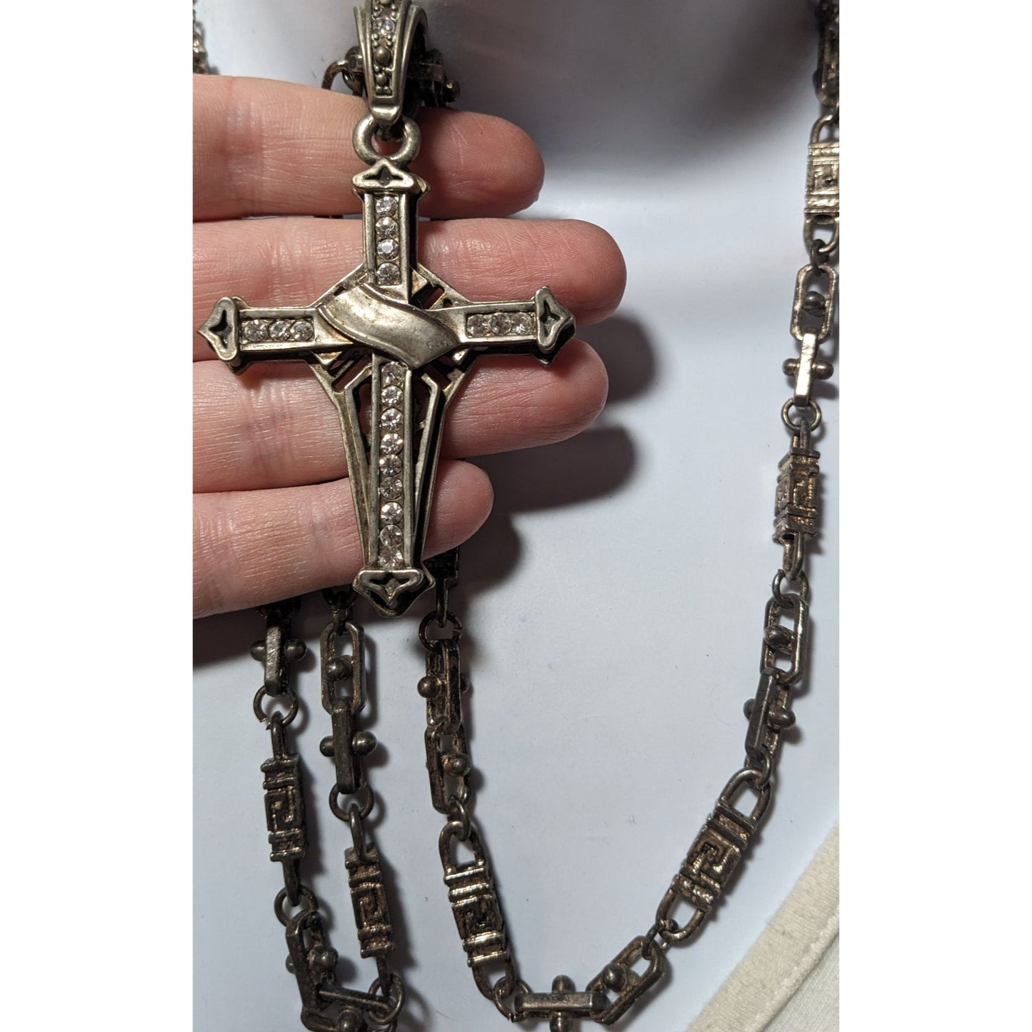 Vintage Art Deco Large Industrial Goth Gemmed Cross Necklace