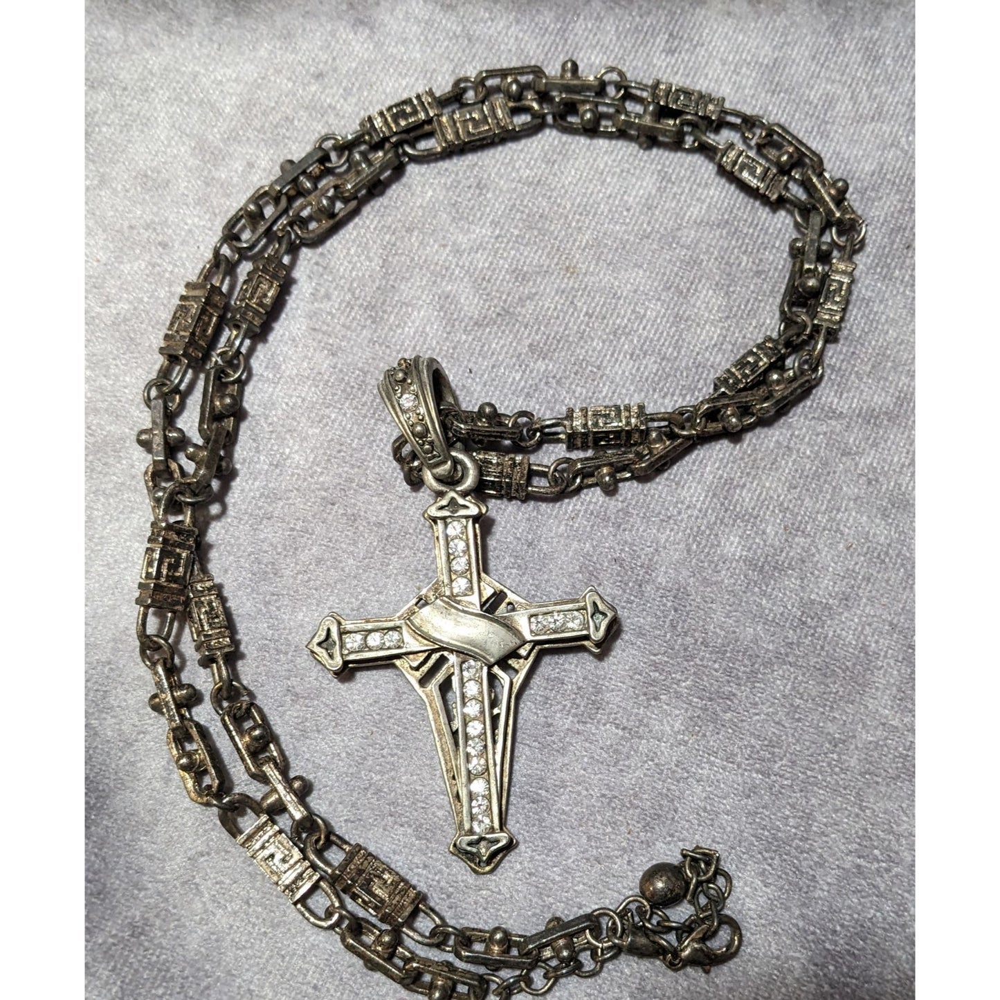 Vintage Art Deco Large Industrial Goth Gemmed Cross Necklace